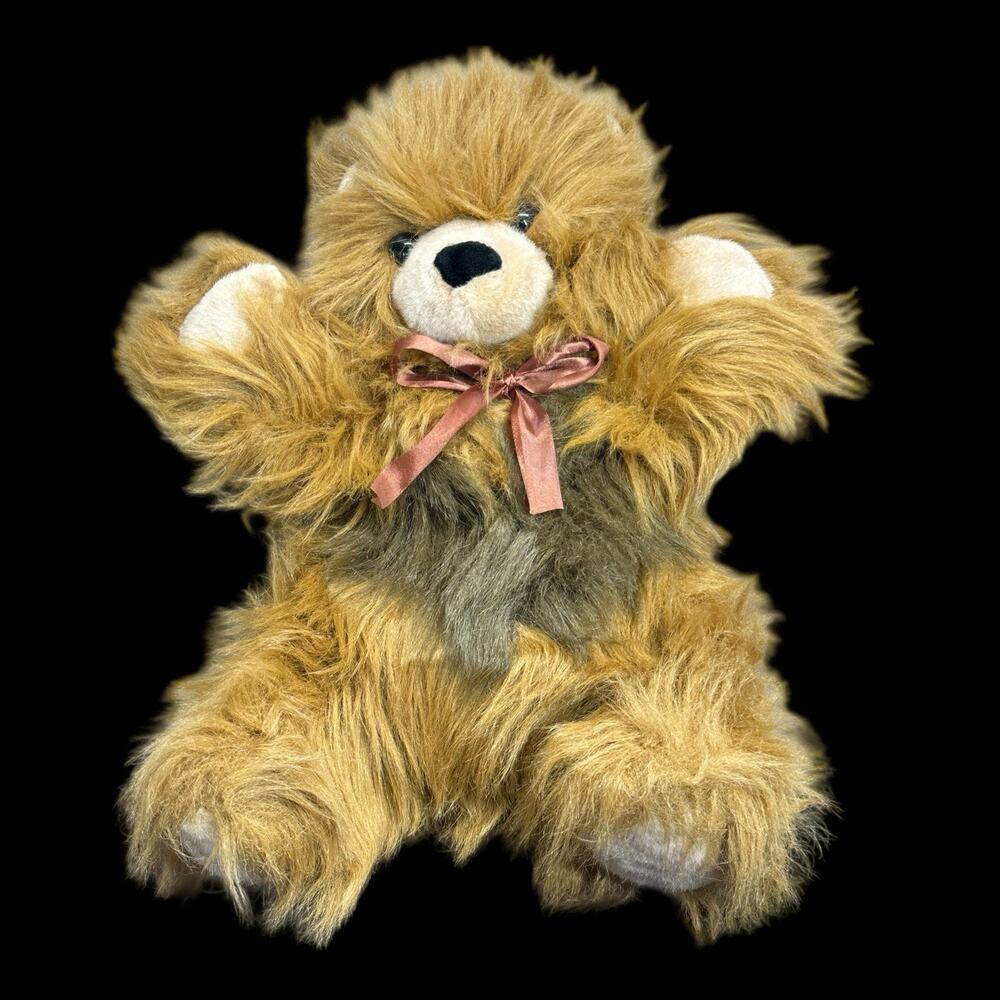 Vintage Brown Bear Bow Plush Toy Heart Fluffy 1990 Chase International 18 Inches